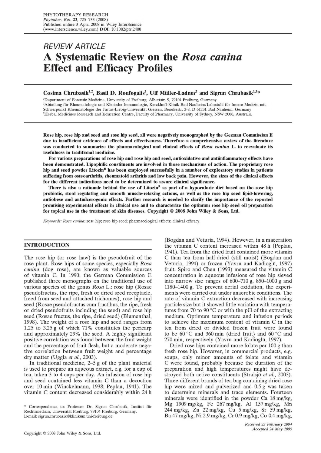 2008《Phytotherapy Research》玫瑰果（Rosa canina）的效果和療效概述的系統性回顧