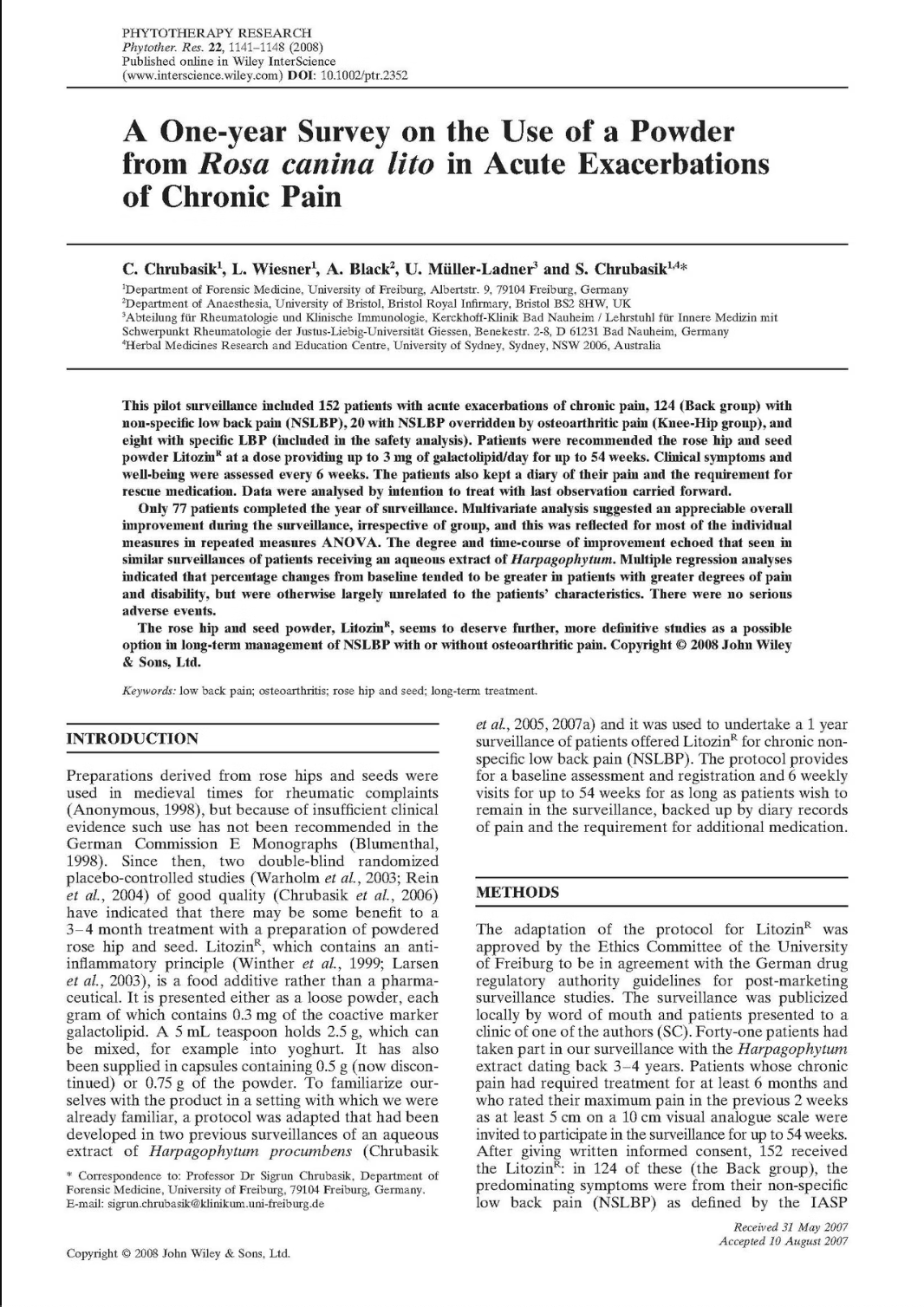 2008 Phytotherapy Research 慢性疼痛急性加重期的患者使用一年Rose-Hip 結果調查