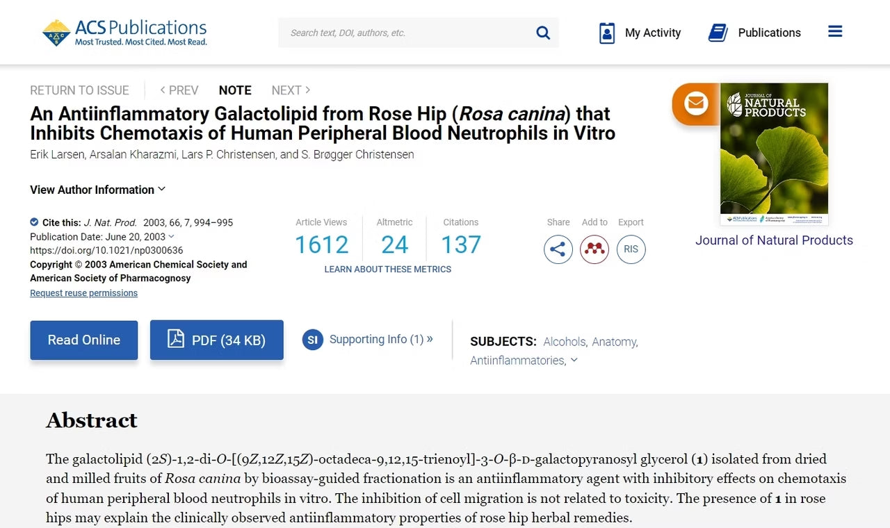 2003 來自玫瑰果（Rosa canina）的抗發炎半乳糖脂，可在體外抑制人體外周血中性粒細胞的趨化行為